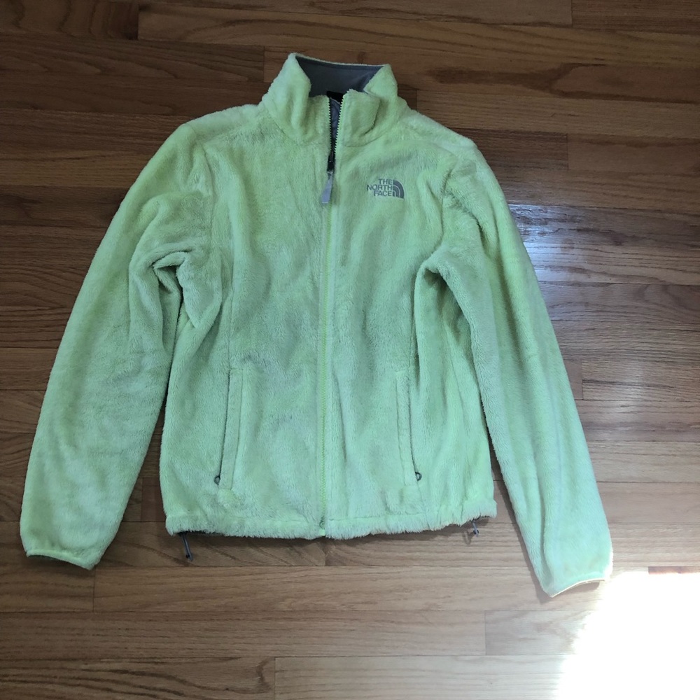 Neon yellow fuzzy north face jacket